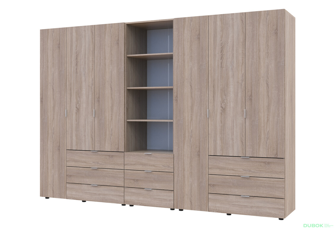 Skříň šestidveřová s regálem se zásuvkami Gelar 292.4 cm dub sonoma