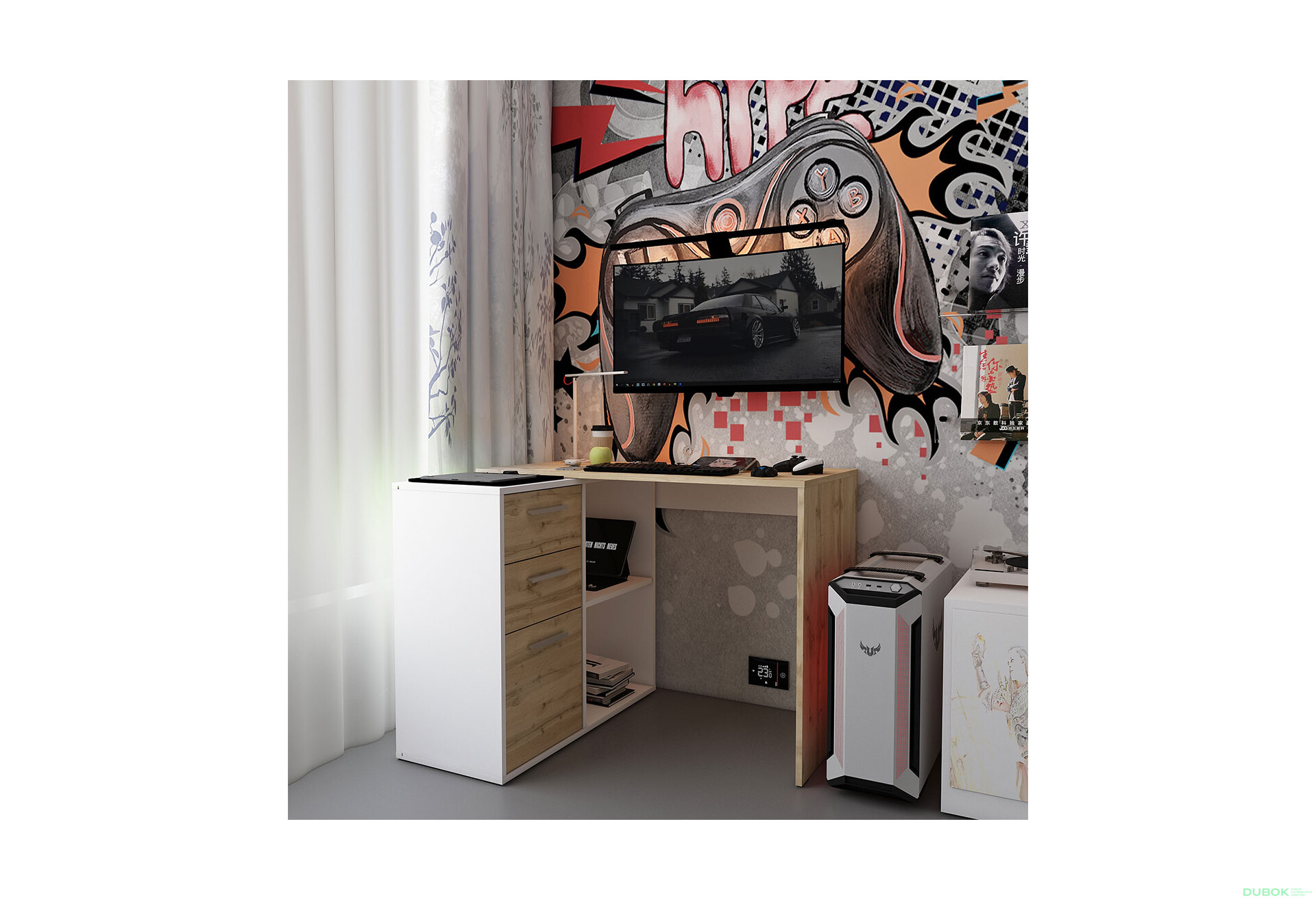 Fotografie 2 - Psací stůl T8 bílý / dub artisan 100x83x75