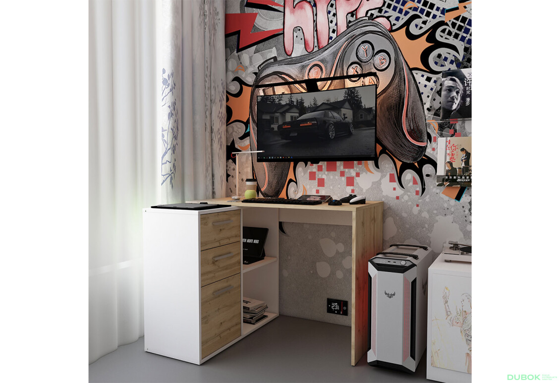 Fotografie 2 - Psací stůl T8 bílý / dub artisan 100x83x75