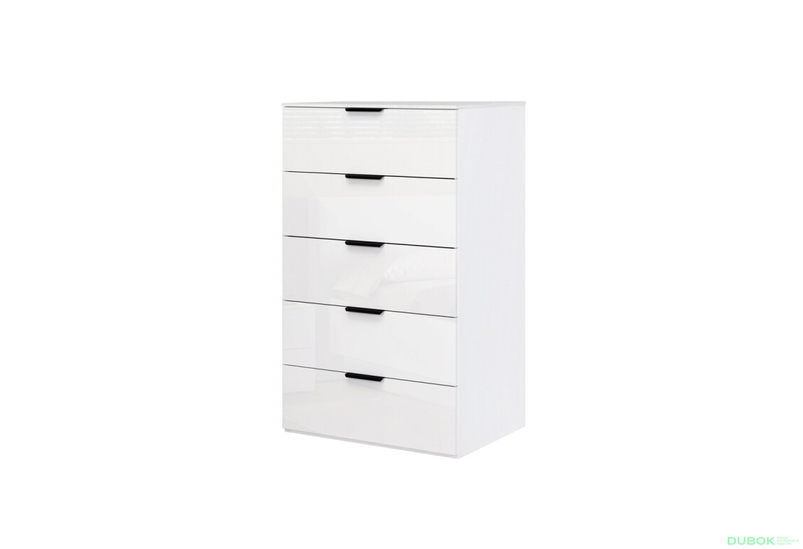 Komoda 5š, bílý lesk Mila