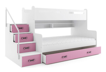 Patrová postel Max 3 bílé / růžový 80x200 / 120x200 + zásuvka, s roštem, matrací