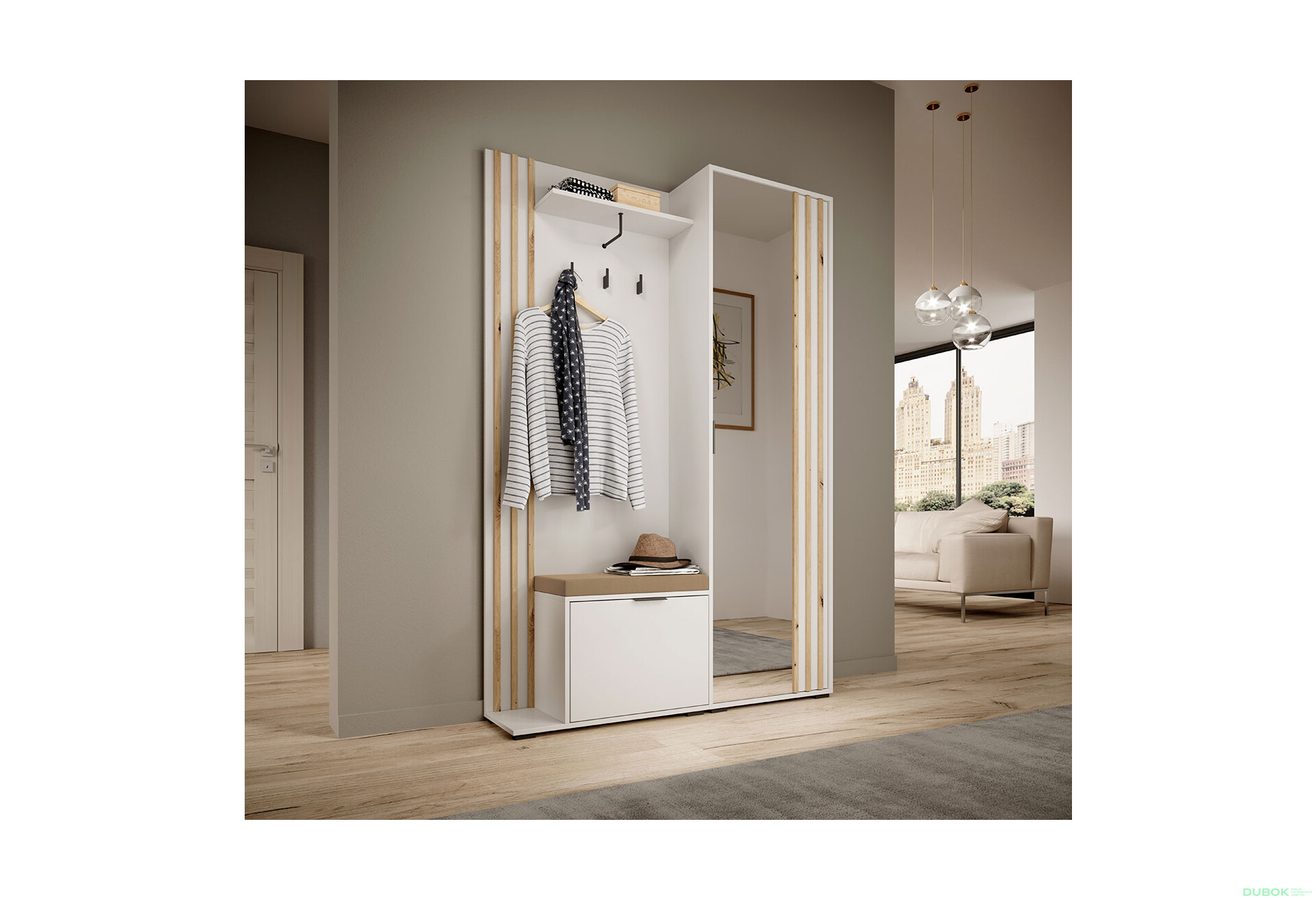 Předsíňová sestava bílá / lamella artisan + Polštářek Nelly - Fotografie 2 Fotografie 2 - Předsíňová sestava bílá / lamella artisan + Polštářek Nelly