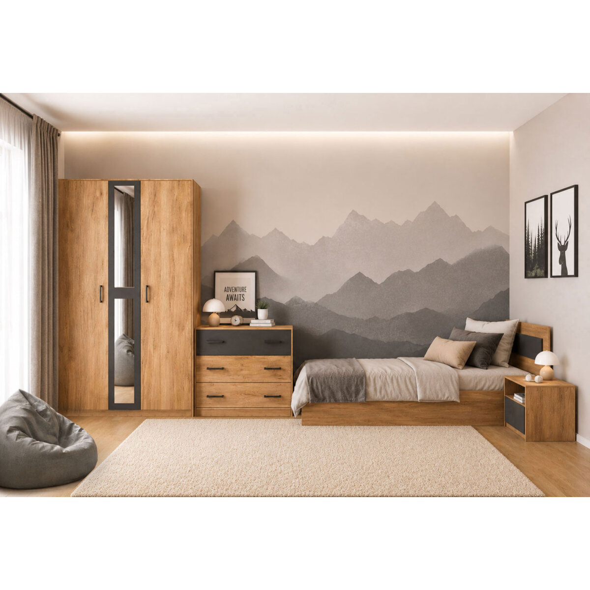 Komplet s 3D skříní a postelí 90x200 cm Viva