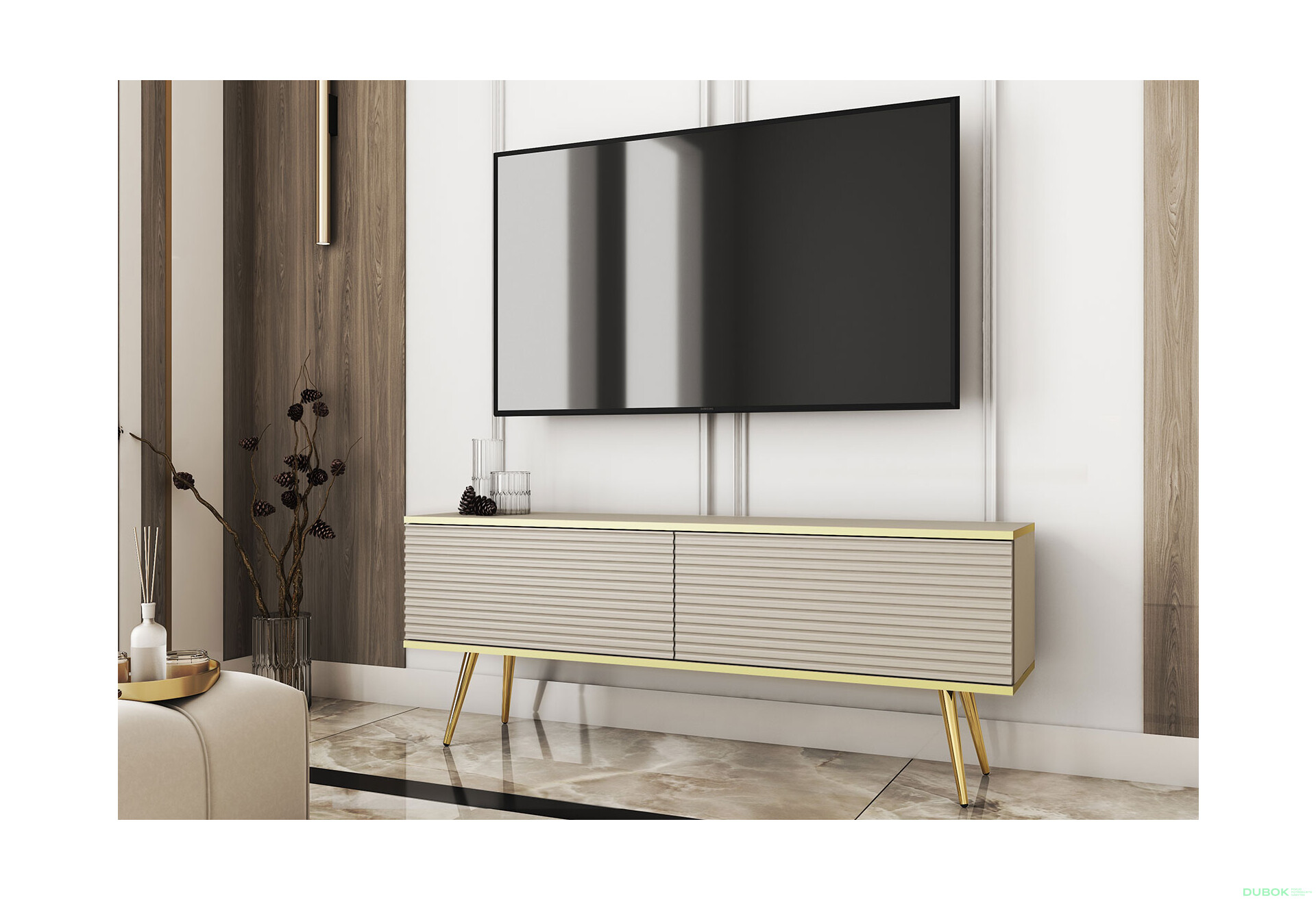 Fotografie 2 - TV stolek RTV 135 MDF béžový, zlaté nohy Oro