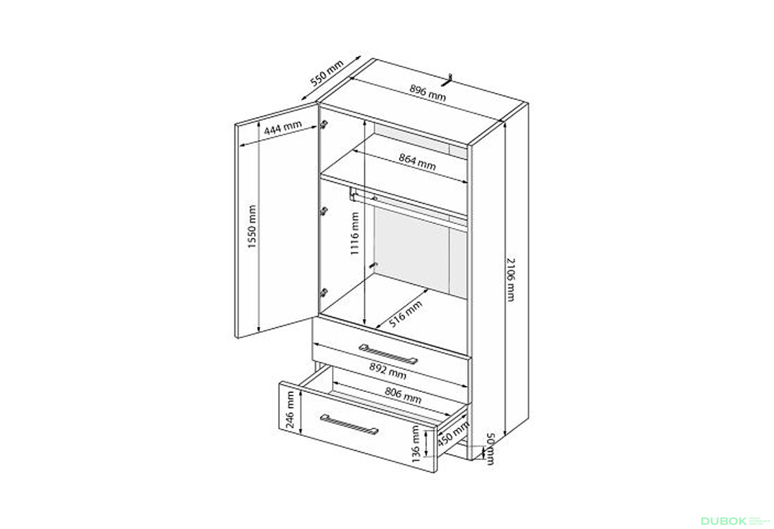Fotografie 8 - Skříň 2dv 2šx Bez zrcadel bílý lesk Mila