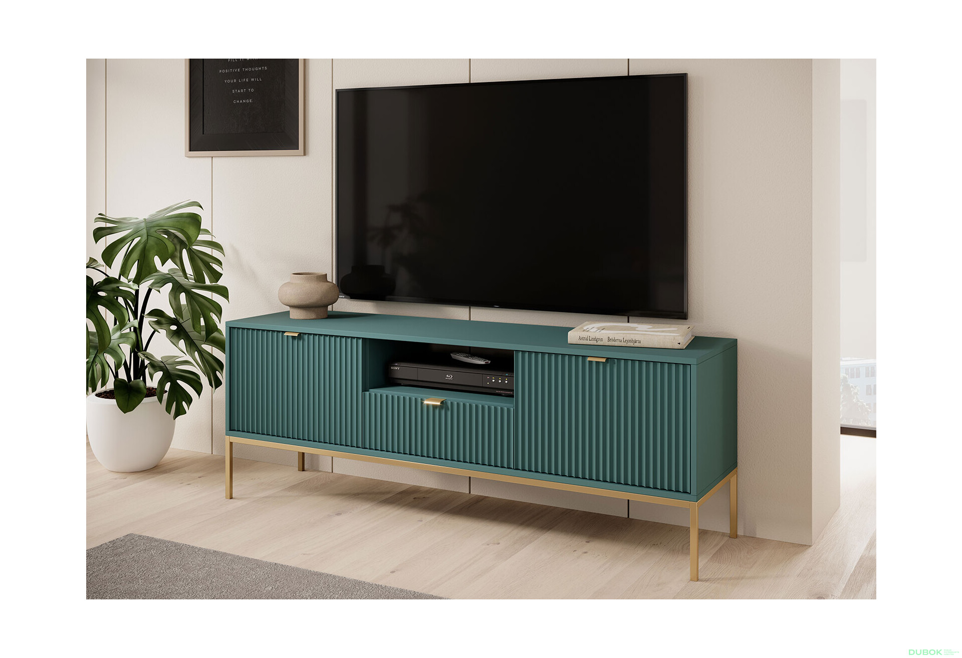 Fotografie 4 - TV stolek RTV154 zelený Nova Zlaté nohy / zlatý úchytky