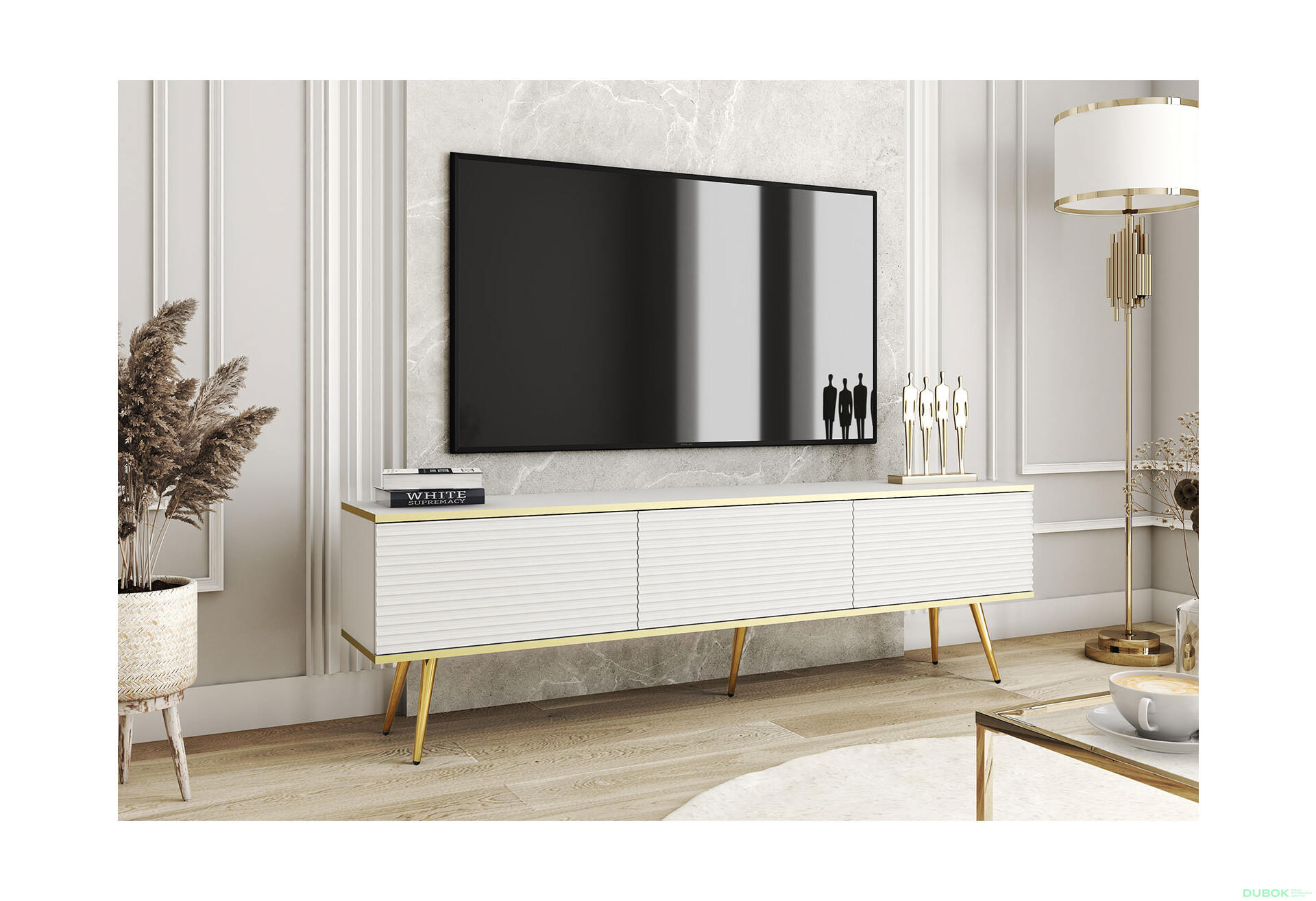 TV stolek RTV 175 MDF bílý, zlaté nohy Oro - Fotografie 2 Fotografie 2 - TV stolek RTV 175 MDF bílý, zlaté nohy Oro