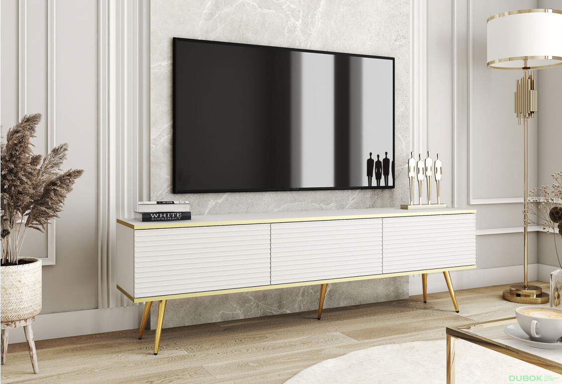 Fotografie 2 - TV stolek RTV 175 MDF bílý, zlaté nohy Oro