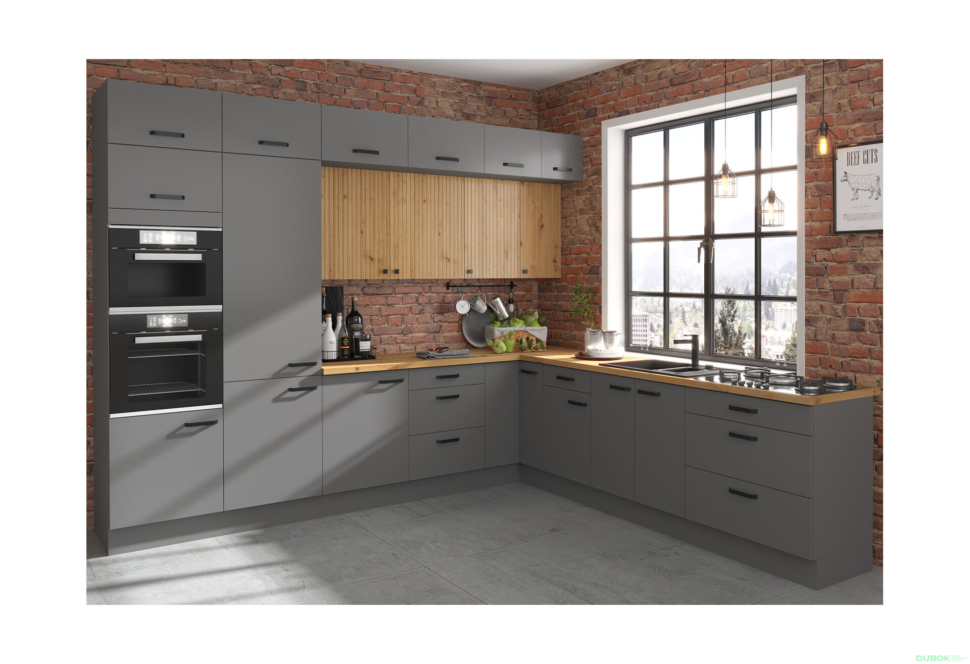 Fotografie 1 - Kuchyňská sestava 3.3x3.0 m Ava antracit / dub artisan + Nessa antracit Storaz-Lempert