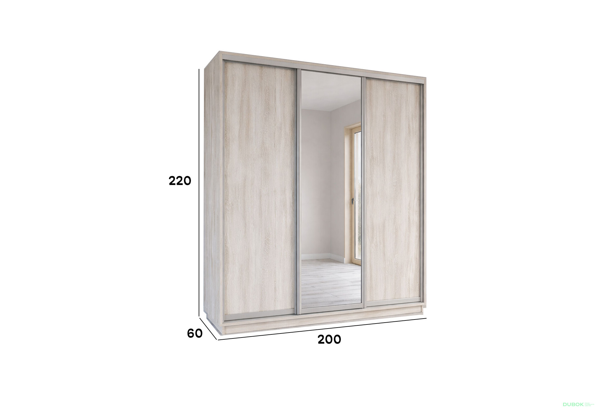 Fotografie 2 - Skříň s posuvnými dveřmi 2200x2000x600 2LTD 1 Zrcadlo Artwood světlý, profil stříbrný