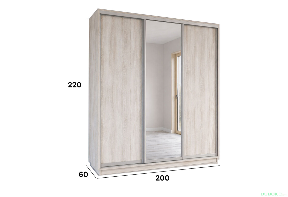 Fotografie 2 - Skříň s posuvnými dveřmi 2200x2000x600 2LTD 1 Zrcadlo Artwood světlý, profil stříbrný