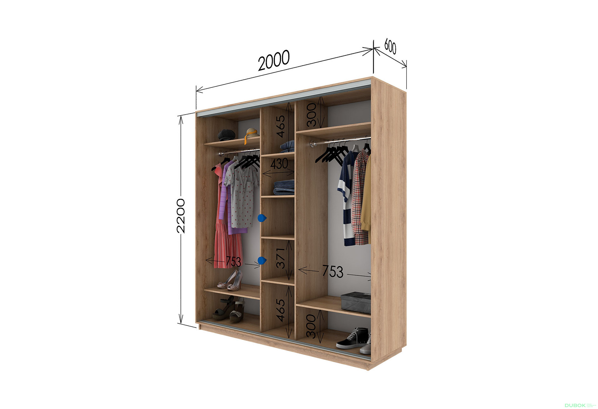 Fotografie 3 - Skříň s posuvnými dveřmi 2200x2000x600 2LTD 1 Zrcadlo Artwood světlý, profil stříbrný