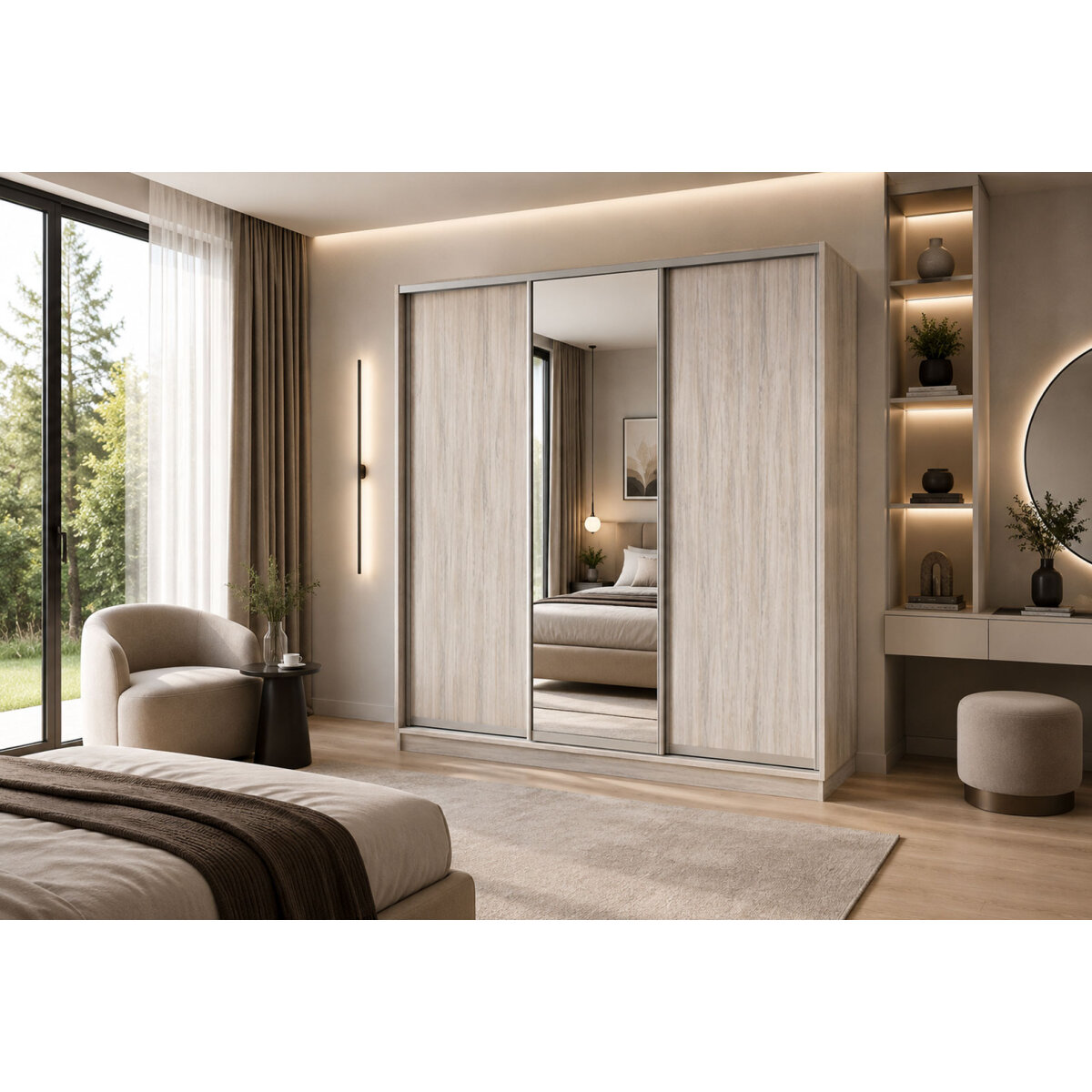 Skříň s posuvnými dveřmi 2000x2200x600 2LTD 1 Zrcadlo Artwood světlý, profil stříbrný (obrázek 4)