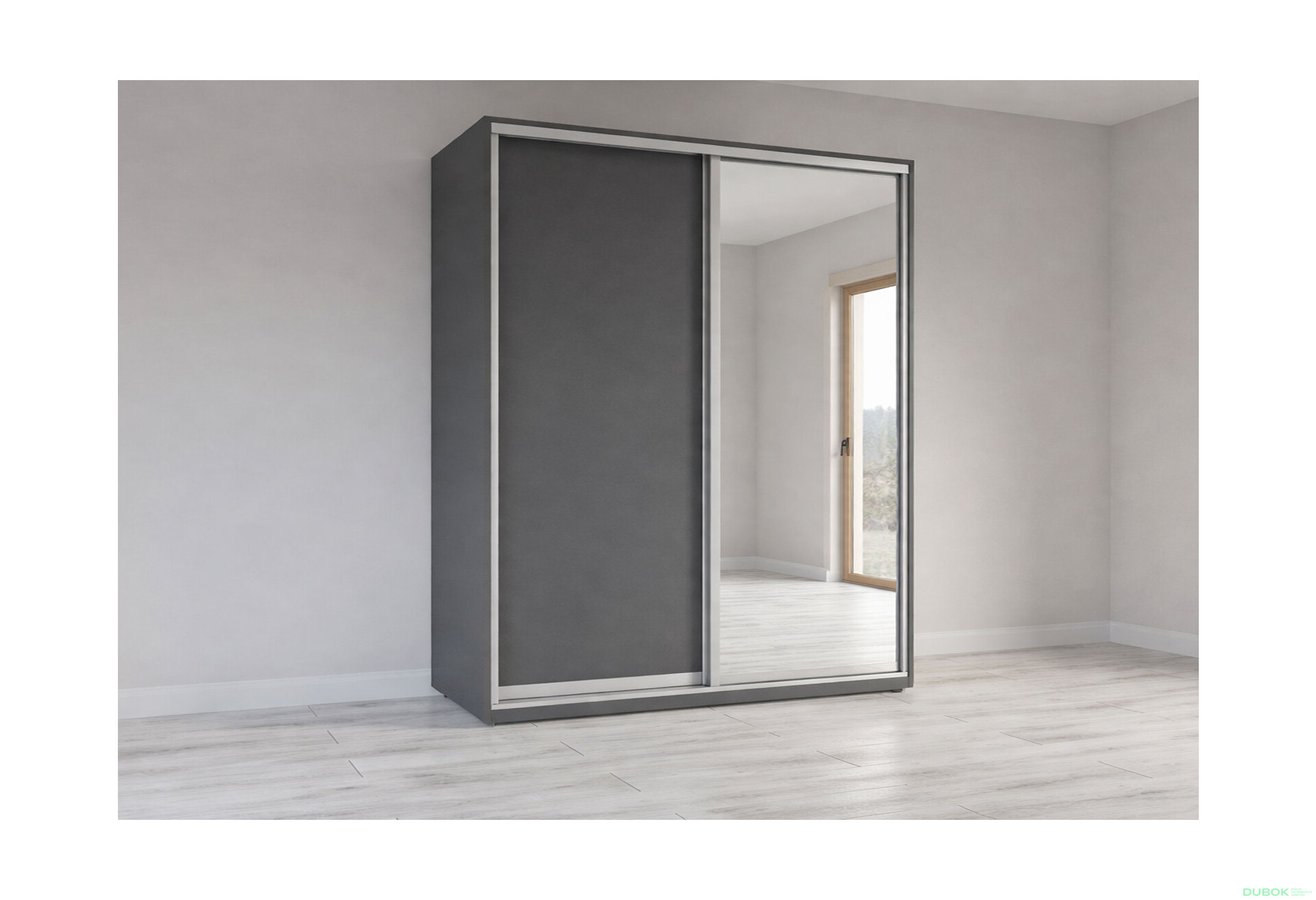 Fotografie 1 - Skříň s posuvnými dveřmi 2200x1800x600 1LTD 1 Zrcadlo grafit šedý, profil stříbrný