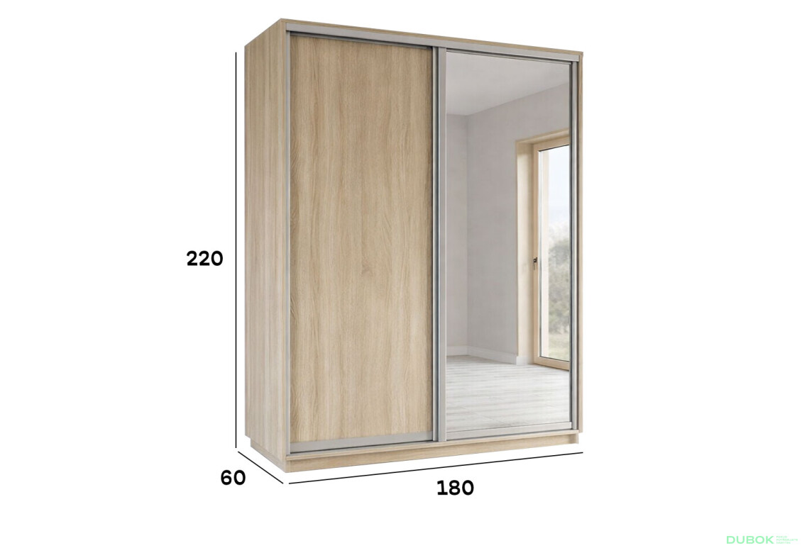 Fotografie 2 - Skříně s posuvnými dveřmi 2200x1800x600 1LTD 1 Zrcadlo Dub Sonoma, profil stříbrný