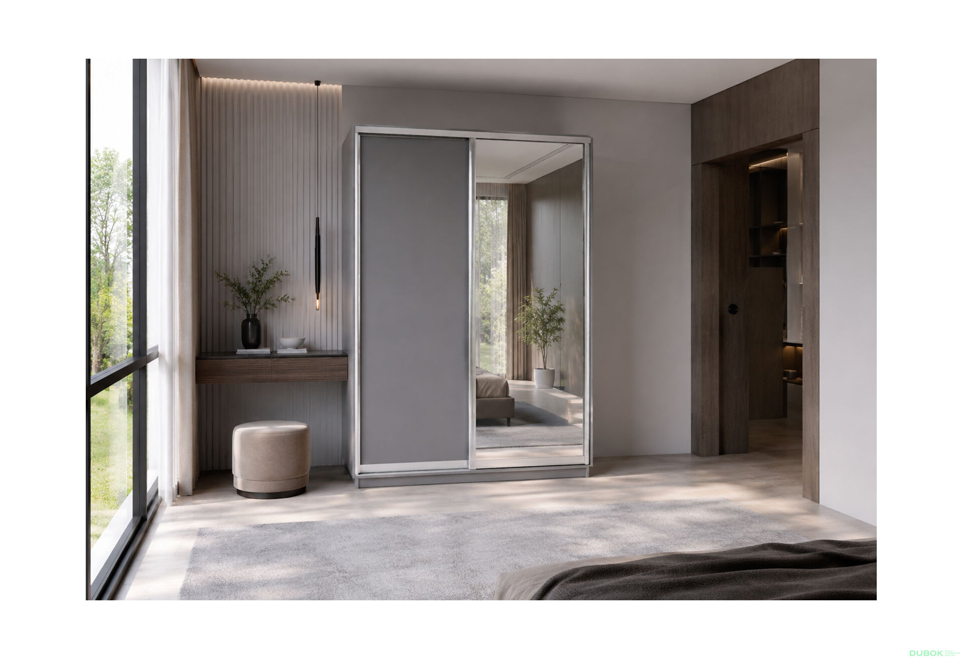 Obrázek 3 - Skříň s posuvnými dveřmi 1500x2400x600 1LTD 1 Zrcadlo myší šedá, profil stříbrný