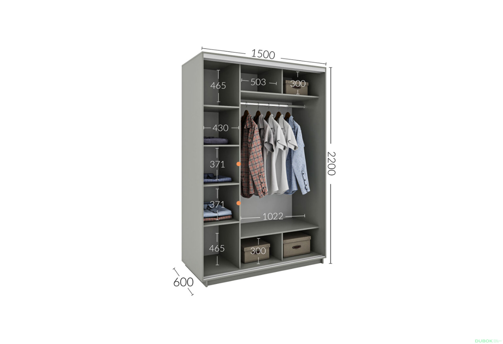 Obrázek 6 - Skříň s posuvnými dveřmi 1500x2200x600 1LTD 1 Zrcadlo myší šedá, profil stříbrný
