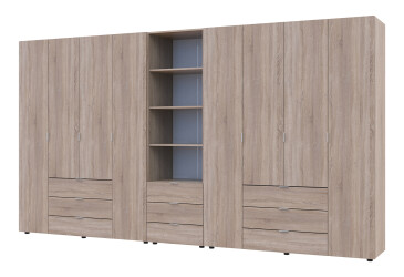Skříň osmidveřová s regálem se zásuvkami Gelar 370 cm dub sonoma
