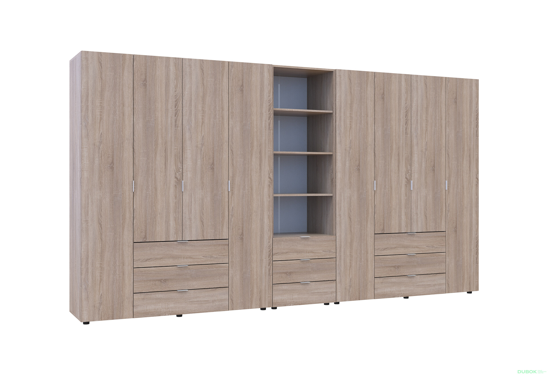 Fotografie 4 - Skříň osmidveřová s regálem se zásuvkami Gelar 370 cm dub sonoma