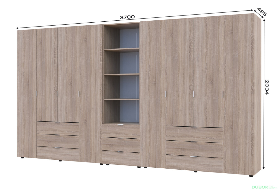 Fotografie 7 - Skříň osmidveřová s regálem se zásuvkami Gelar 370 cm dub sonoma