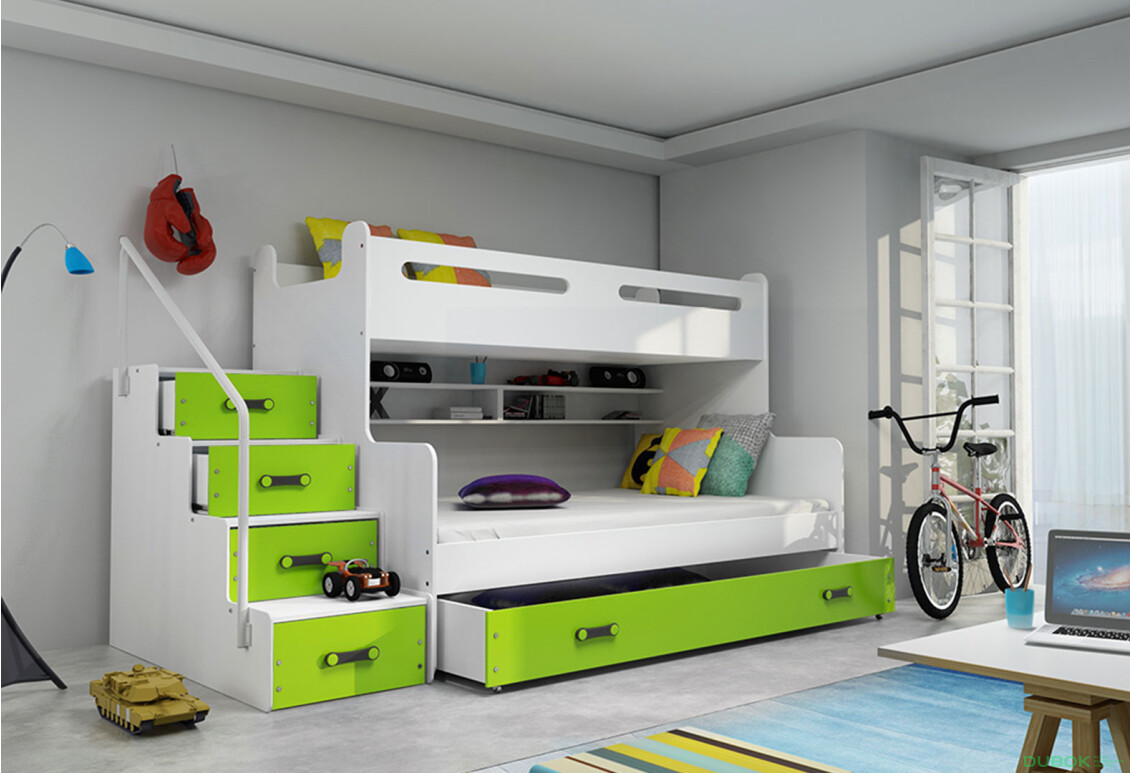 Patrová postel Max 3 bílé / zelený 80x200 / 120x200 + zásuvka, s roštem, matrací