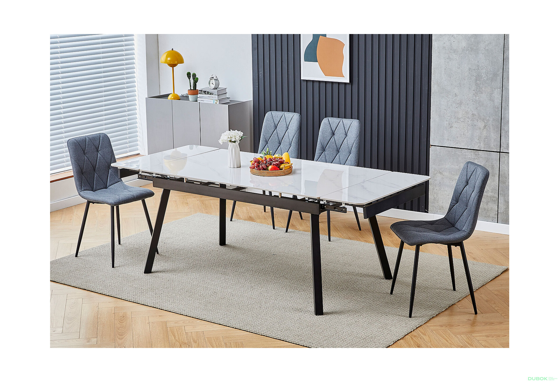Stůl John 120(180)x85 bílý + 4 židle Tom Velvet šedý Bluvel 14 / matná černá kov - Fotografie 1 Fotografie 1 - Stůl John 120(180)x85 bílý + 4 židle Tom Velvet šedý Bluvel 14 / matná černá kov
