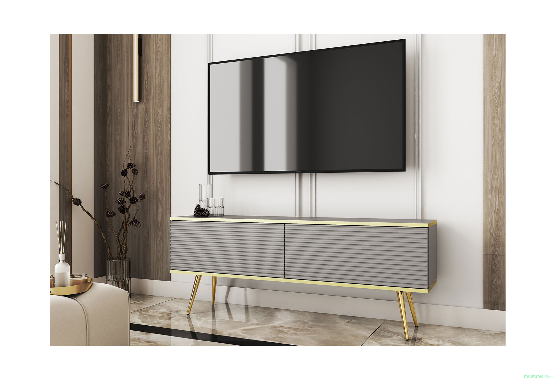Fotografie 2 - TV stolek RTV 135 MDF šedý, zlaté nohy Oro