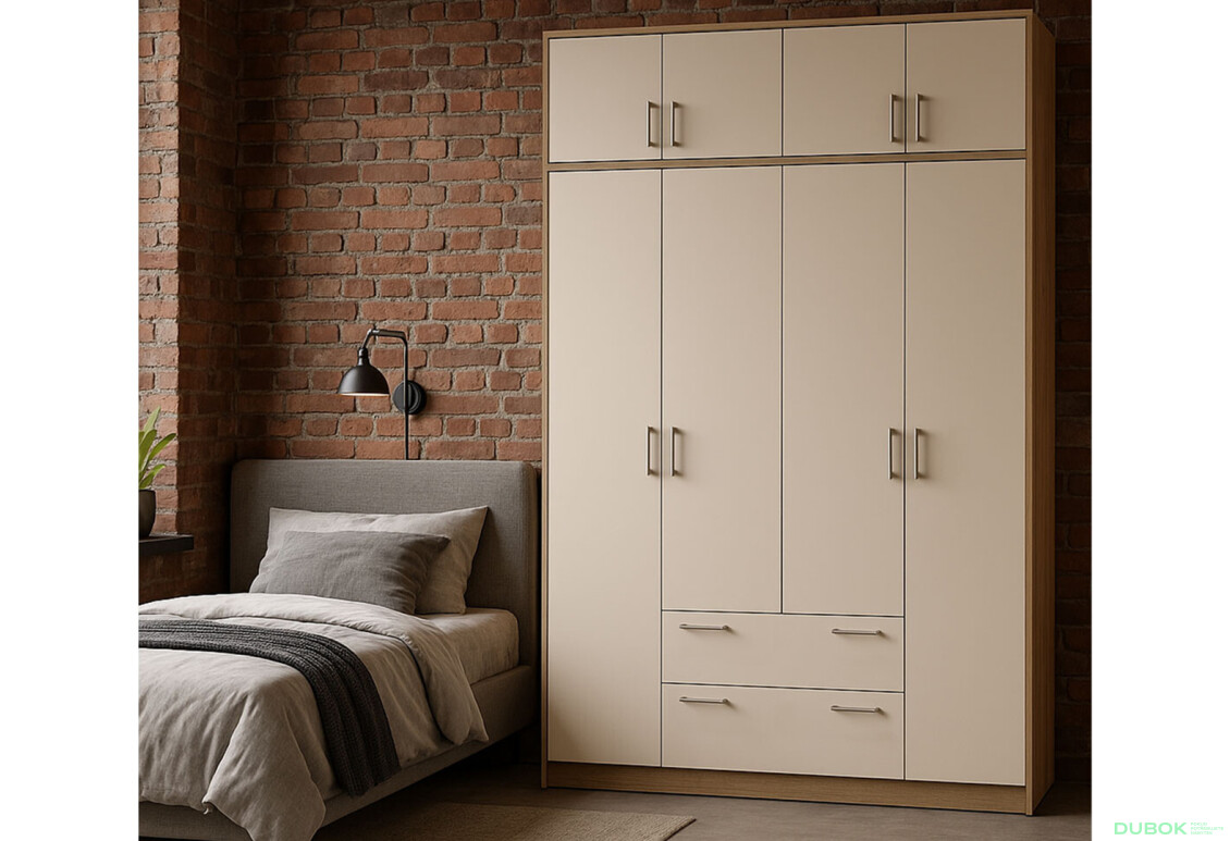 Skříň Rondi 4 z dřevotřísky s horním úložným prostorem artisan dub / kašmír 160x52x236 cm - Fotografie 2 Fotografie 2 - Skříň Rondi 4 z dřevotřísky s horním úložným prostorem artisan dub / kašmír 160x52x236 cm