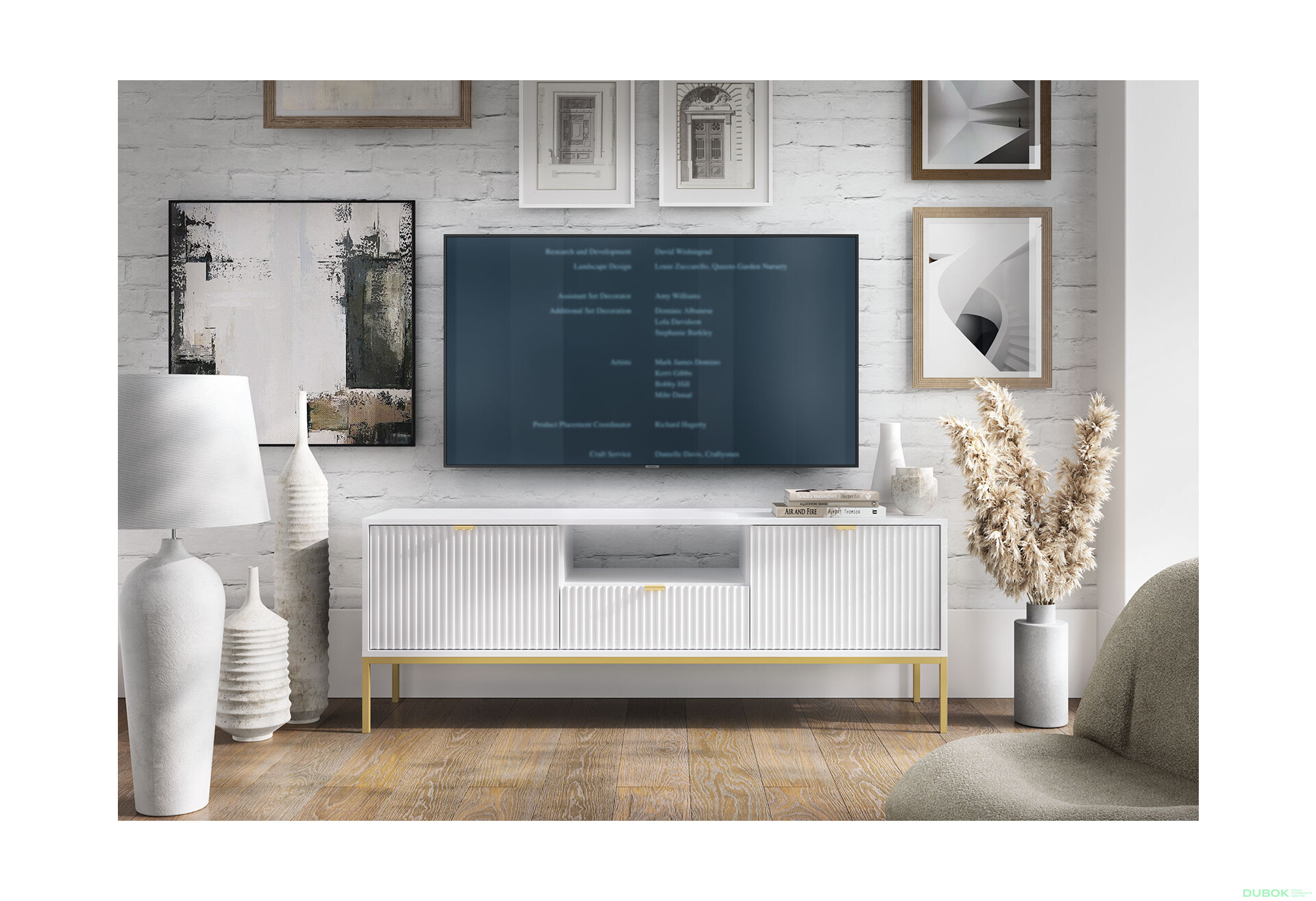 Fotografie 4 - TV stolek RTV154 bílý Nova Zlaté nohy / zlatý úchytky