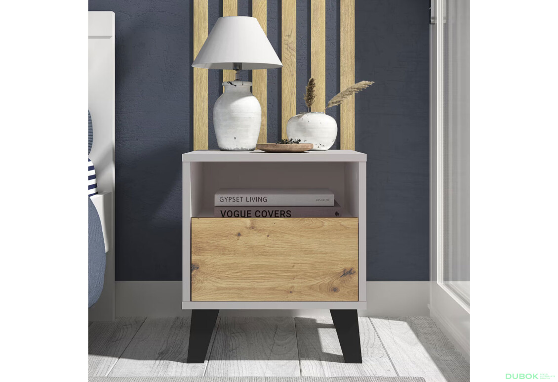 Fotografie 2 - Noční stolek Borg 1s kašmír / dub artisan