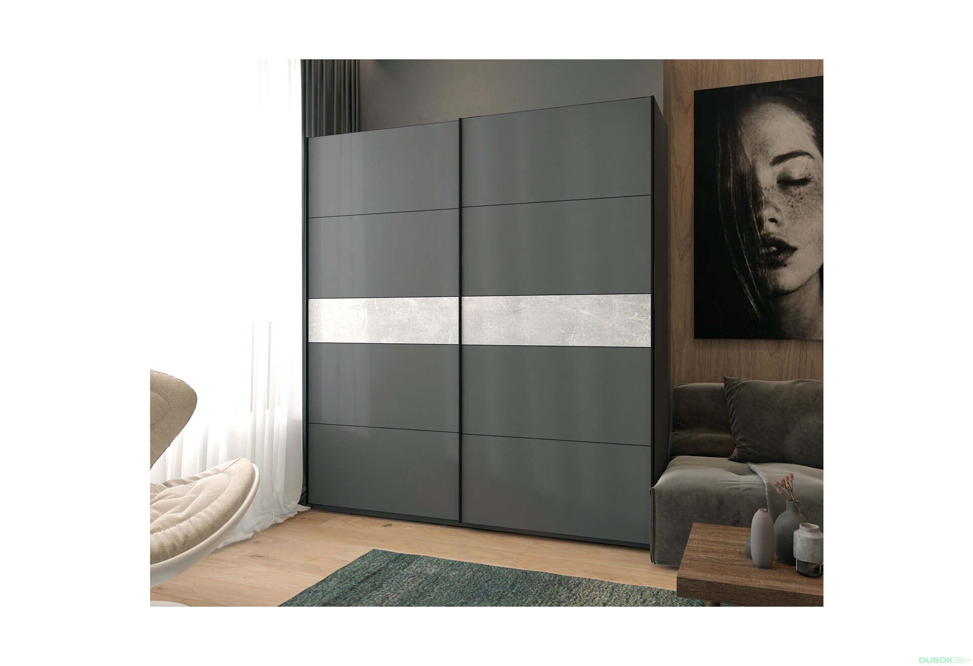 Fotografie 2 - Skříň s posuvnými dveřmi G-Caiser, 2dveřová, DTD, 220 cm, grafit / vložka beton