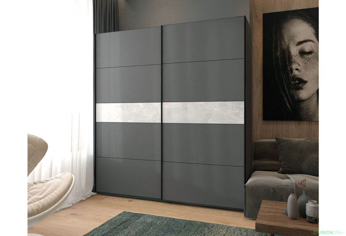 Skříň s posuvnými dveřmi G-Caiser, 2dveřová, DTD, 220 cm, grafit / vložka beton - Fotografie 2 Fotografie 2 - Skříň s posuvnými dveřmi G-Caiser, 2dveřová, DTD, 220 cm, grafit / vložka beton