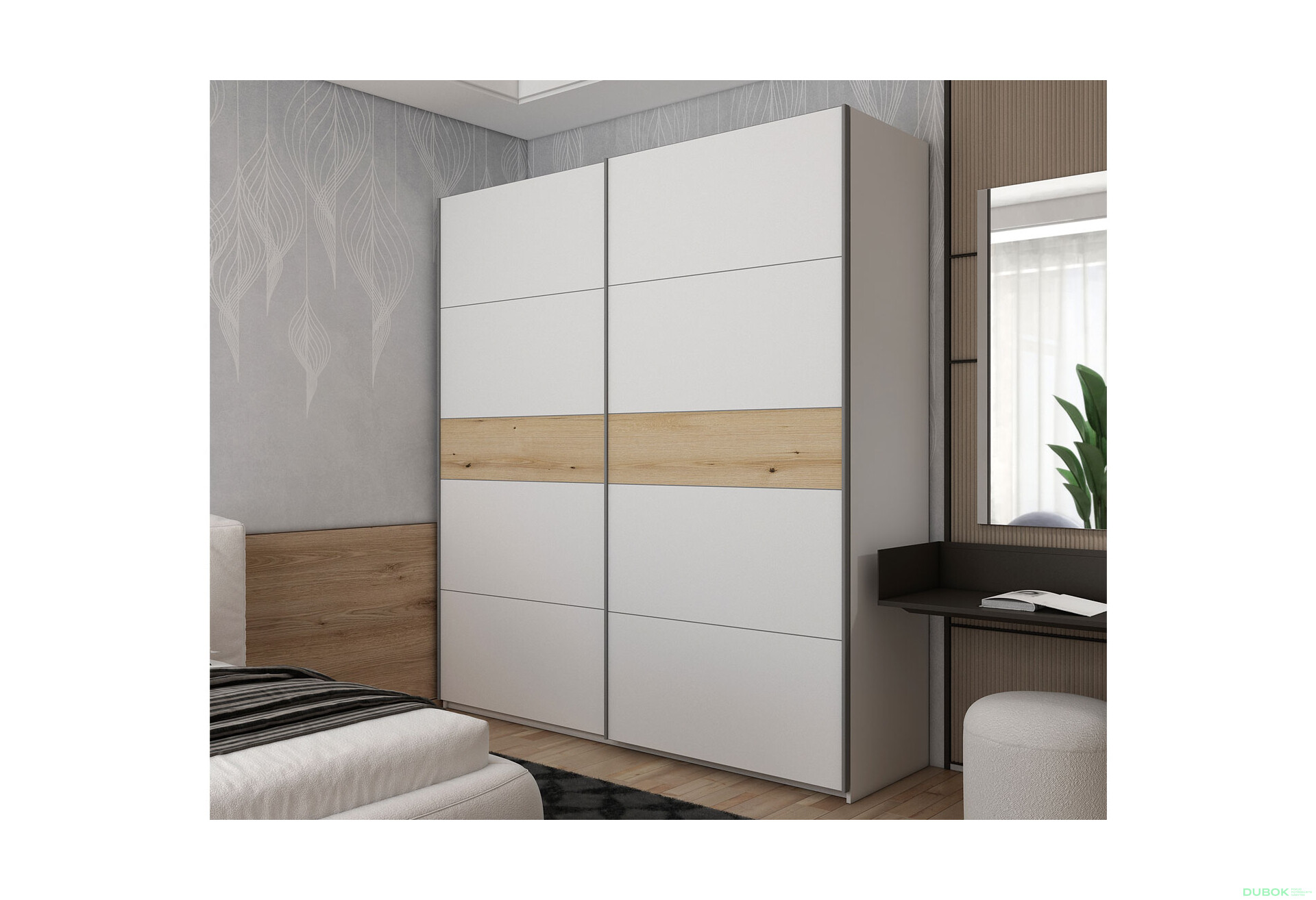 Fotografie 2 - Skříň s posuvnými dveřmi G-Caiser, 2dveřová, DTD, 220 cm, bílá / vložka dub evoke