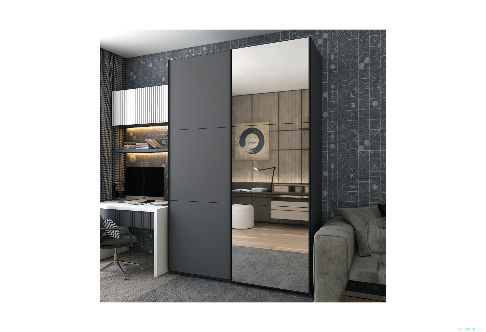 Fotografie 2 - Skříň s posuvnými dveřmi Grafit / Grafit 1 DTD / 1 zrcadlo 180x60x240 G-Caiser