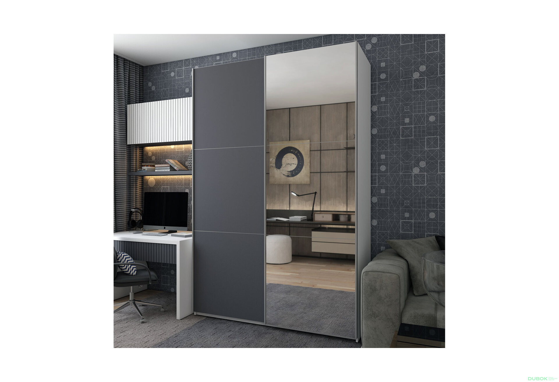 Fotografie 2 - Skříň s posuvnými dveřmi Bílý Grafit 1 DTD / 1 zrcadlo 180x60x240 G-Caiser