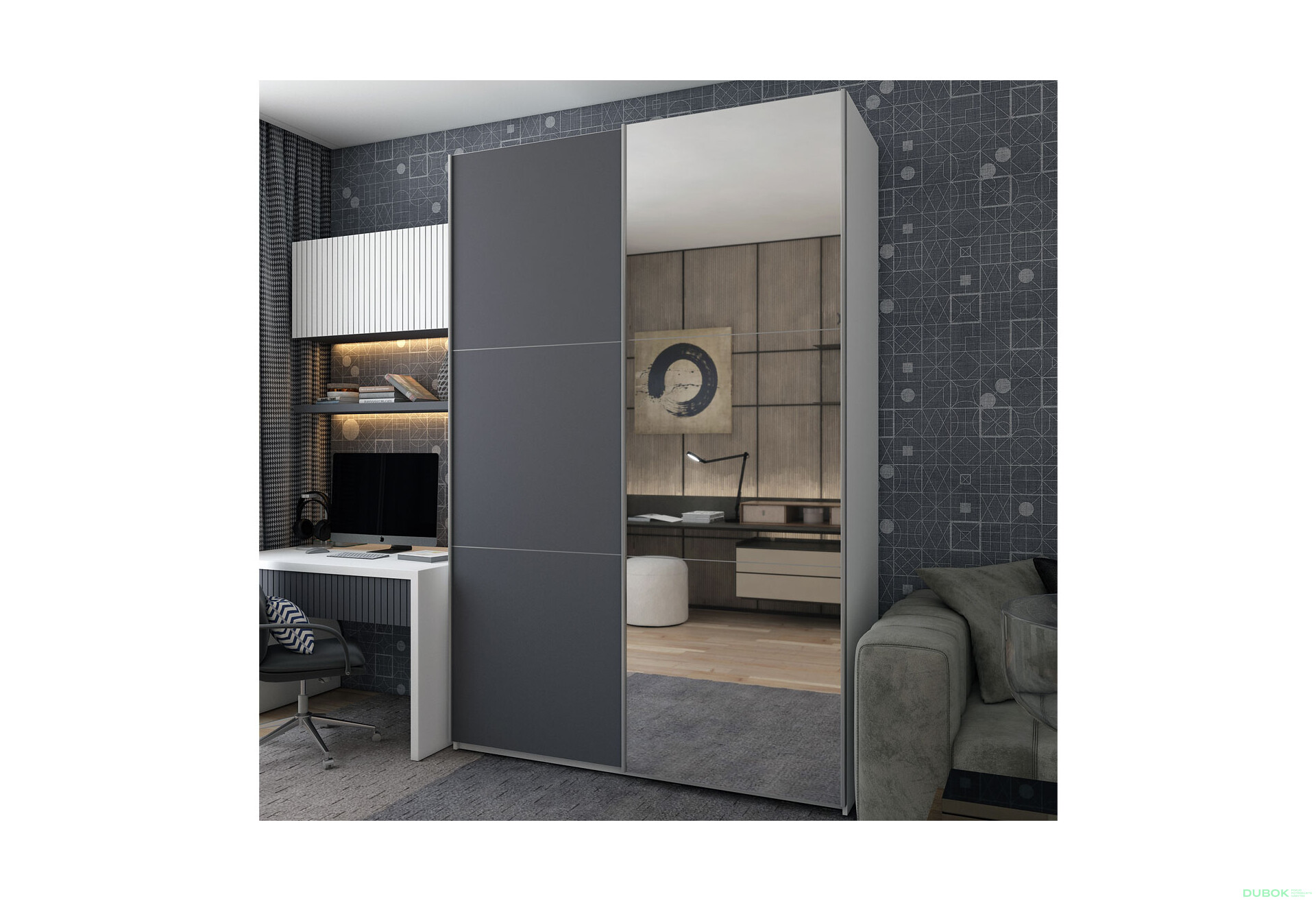 Fotografie 2 - Šatní skříň G-Caiser s 2 dveřmi: LTD + zrcadlo, 160 cm, bílá / grafit