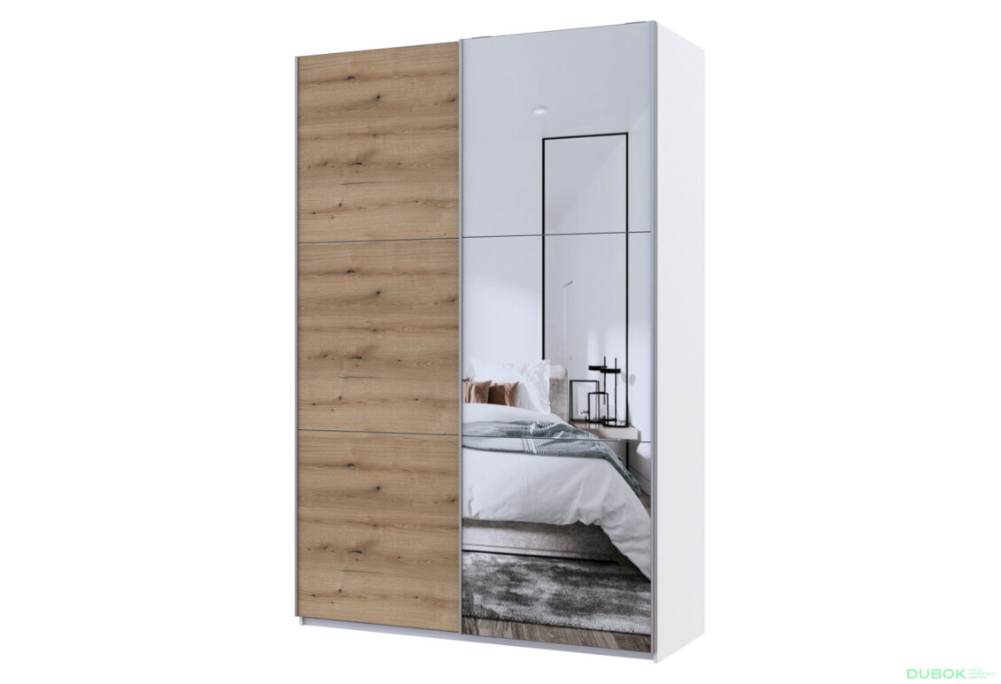 Skříň G-Caiser Doros s 2 dveřmi: DTD + zrcadlo, 160 cm, bílá / dub evok