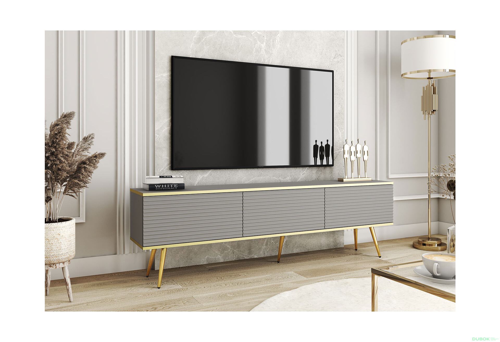 Fotografie 2 - TV stolek RTV 175 MDF šedý, zlaté nohy Oro