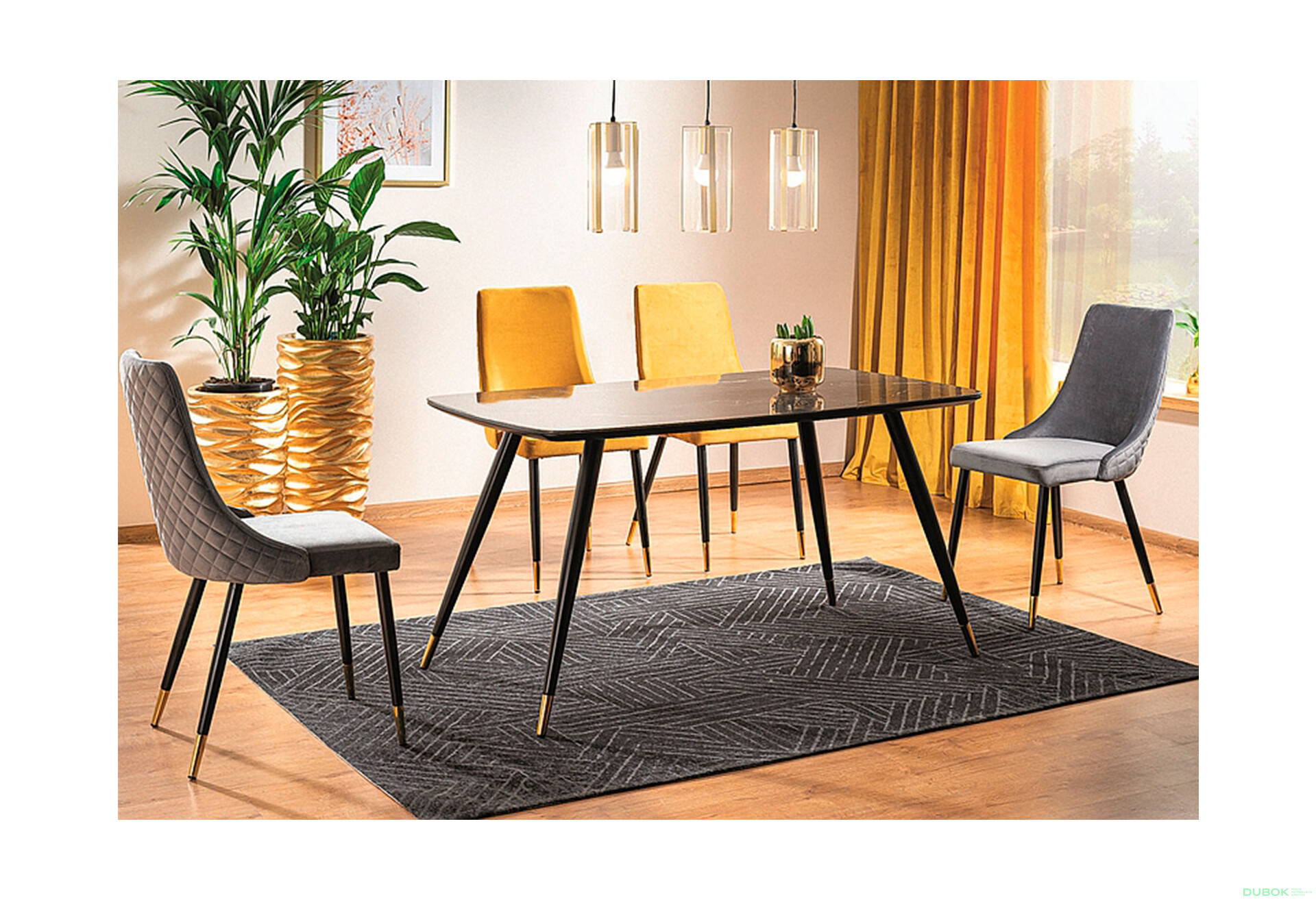 Stůl Cyryl I 140 + 4 židle Piano Velvet kari / šedý - Fotografie 1 Fotografie 1 - Stůl Cyryl I 140 + 4 židle Piano Velvet kari / šedý