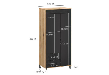 Skříň dvoudveřová se zásuvkami Bellano 93.9x200x56 cm Dub evoke / Černá