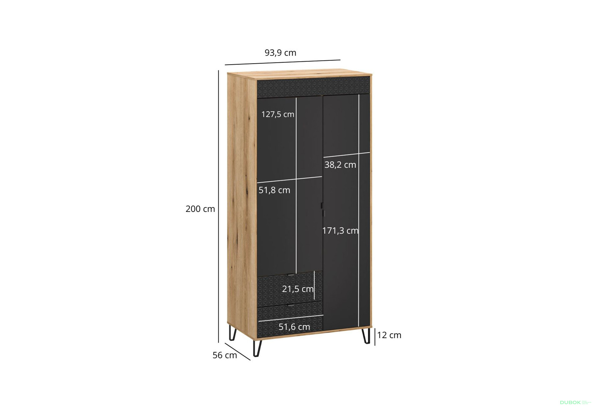 Fotografie 3 - Skříň dvoudveřová se zásuvkami Bellano 93.9x200x56 cm Dub evoke / Černá