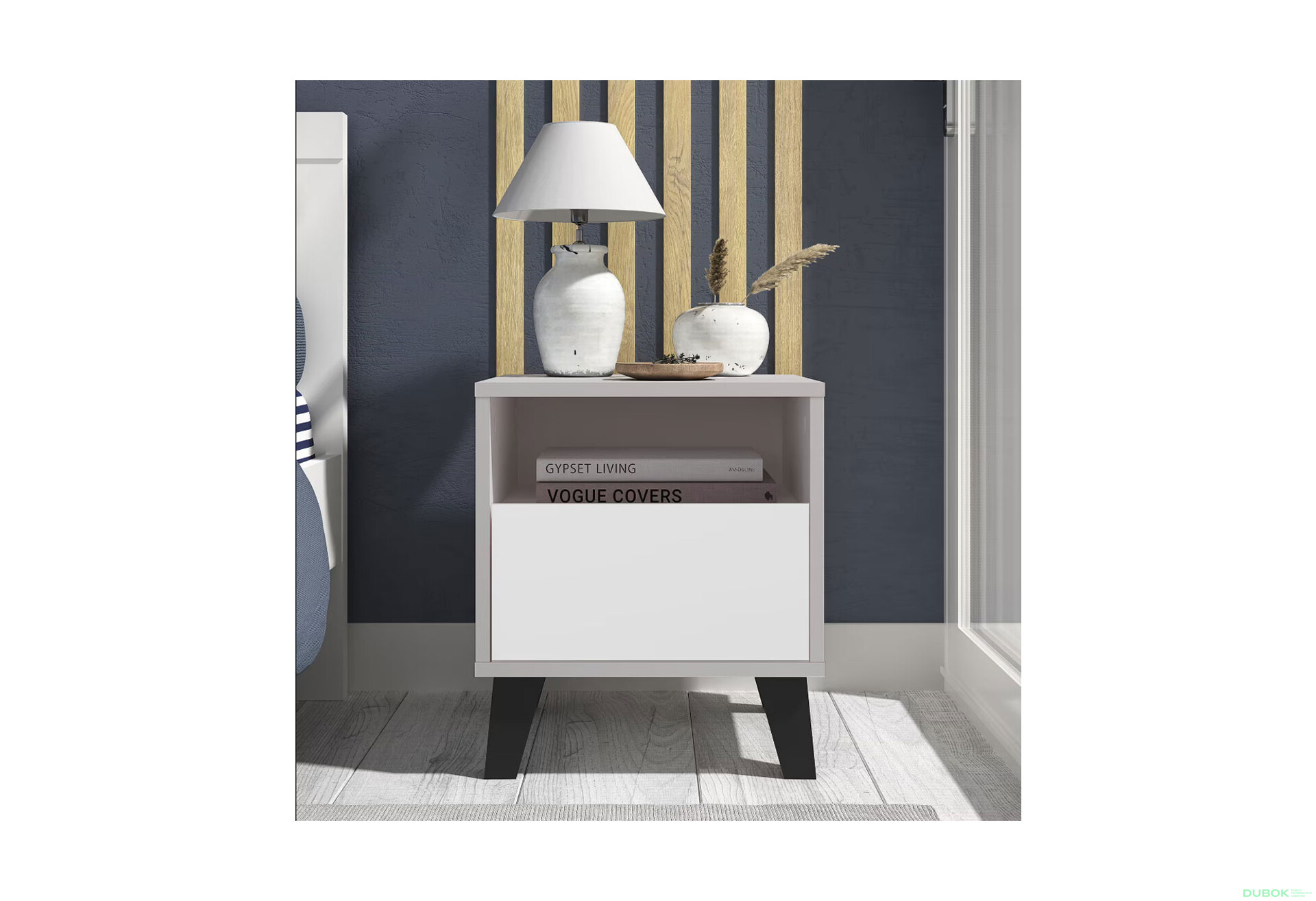 Fotografie 2 - Noční stolek Borg 1s kašmír / bílý