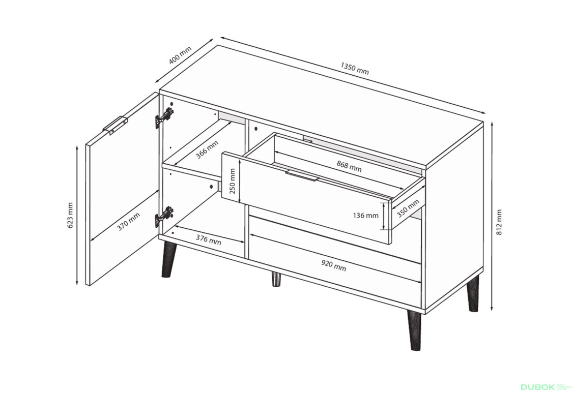 Fotografie 8 - Komoda s 1 dveřmi a 3 zásuvkami lesklá bílá / dub cremona Olivia