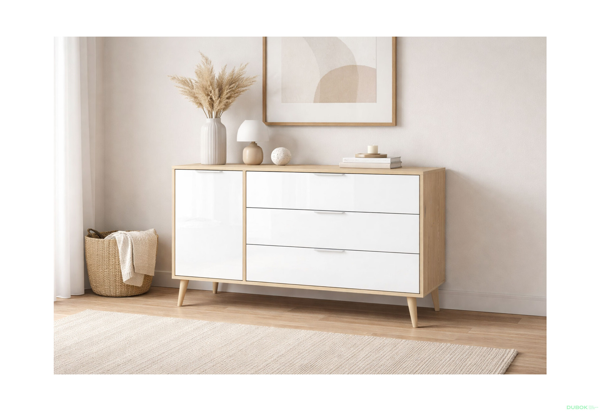 Fotografie 2 - Komoda s 1 dveřmi a 3 zásuvkami lesklá bílá / dub cremona Olivia