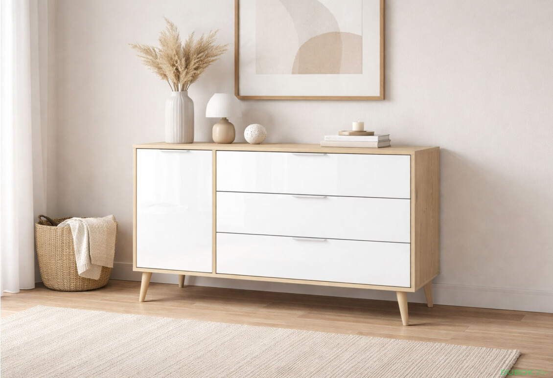 Fotografie 2 - Komoda s 1 dveřmi a 3 zásuvkami lesklá bílá / dub cremona Olivia