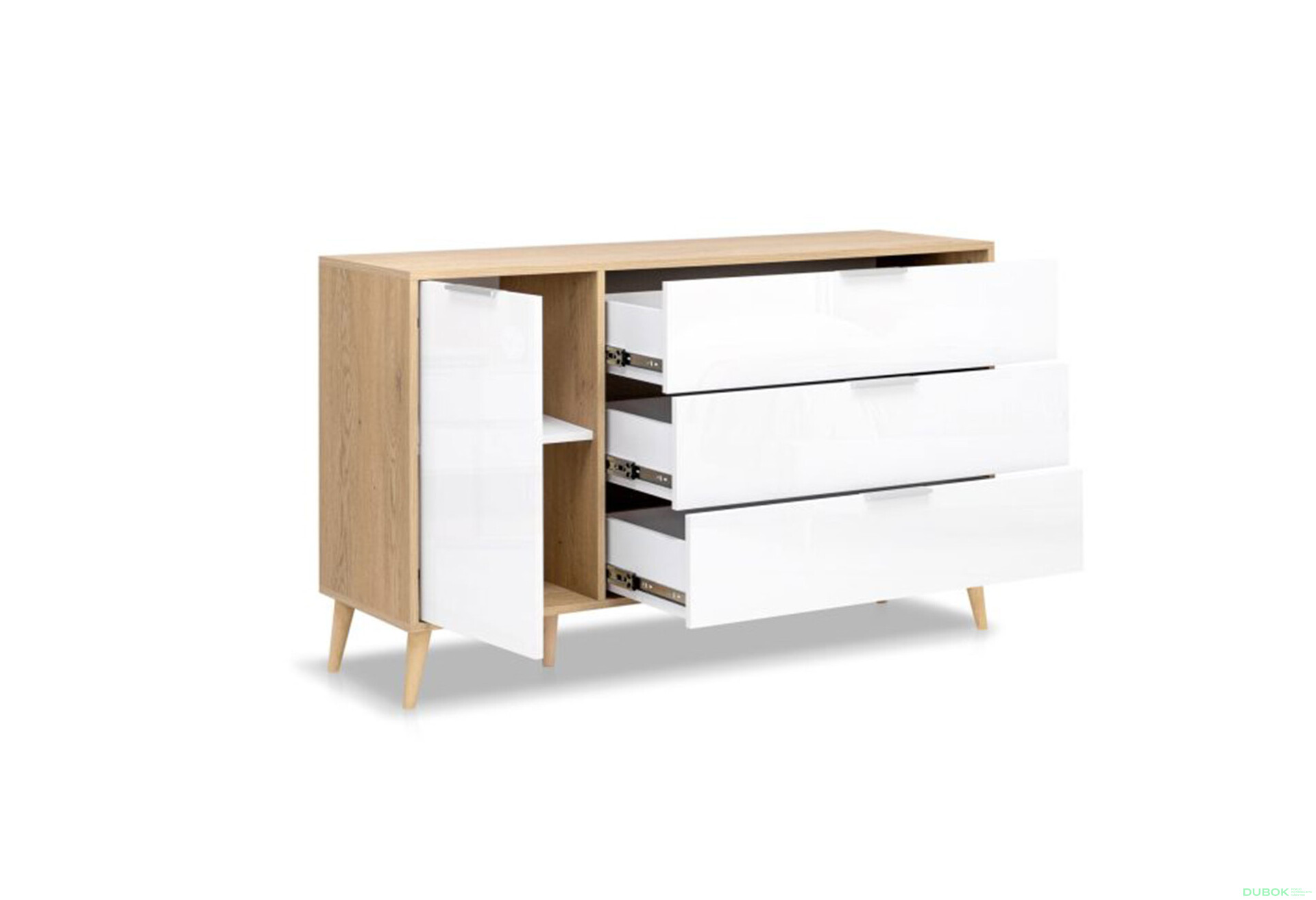 Fotografie 3 - Komoda s 1 dveřmi a 3 zásuvkami lesklá bílá / dub cremona Olivia