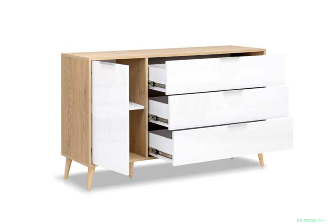 Fotografie 3 - Komoda s 1 dveřmi a 3 zásuvkami lesklá bílá / dub cremona Olivia