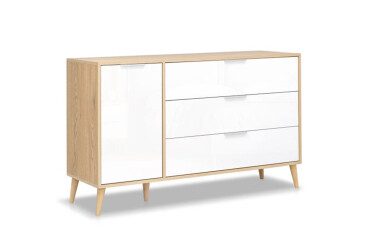 Komoda s 1 dveřmi a 3 zásuvkami lesklá bílá / dub cremona Olivia