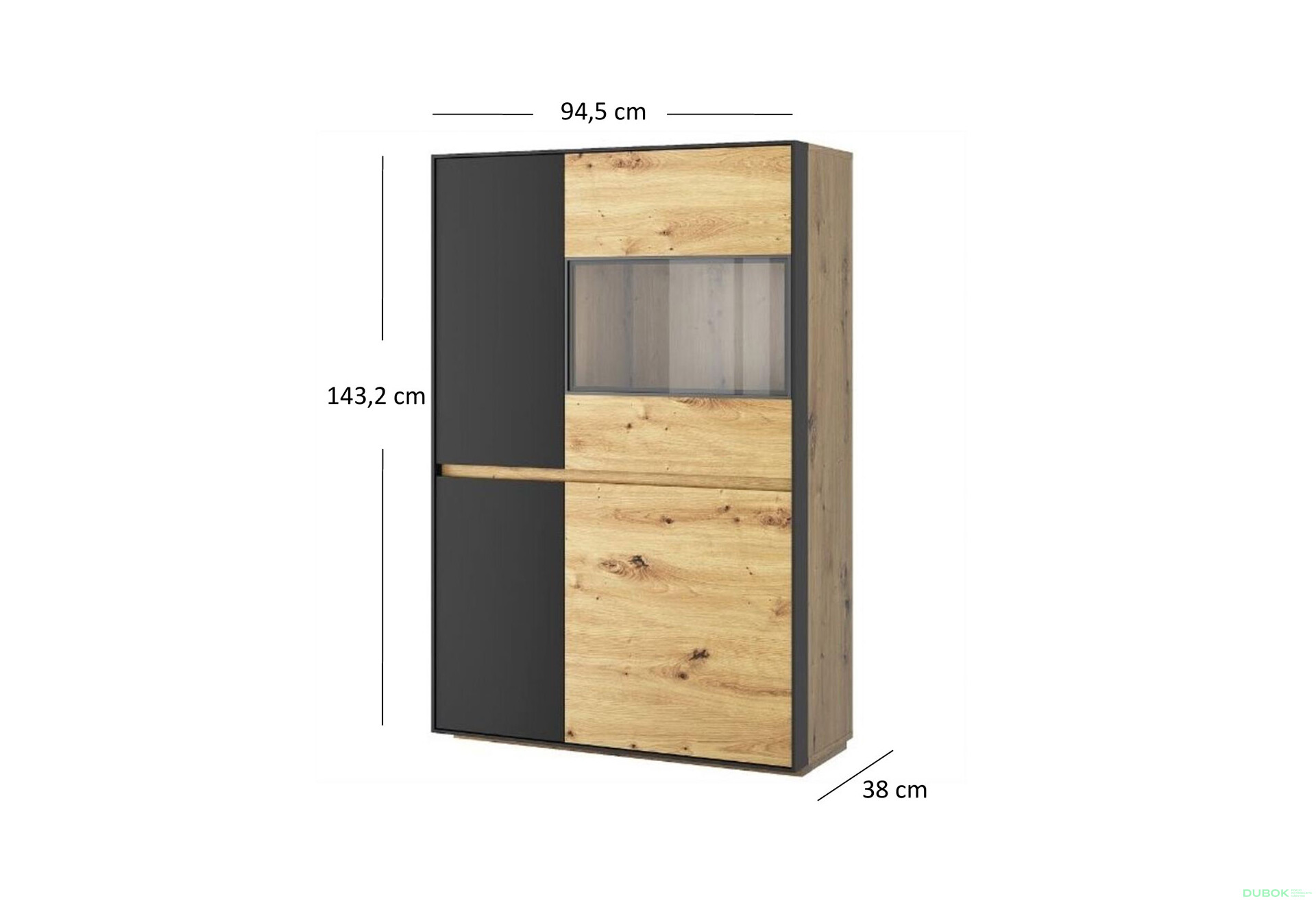 Vitrína nízká 3d1w dub artisan / černý Bosco - Fotografie 2 Fotografie 2 - Vitrína nízká 3d1w dub artisan / černý Bosco