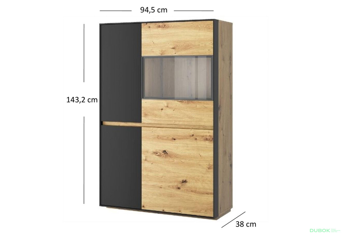 Vitrína nízká 3d1w dub artisan / černý Bosco - Fotografie 2 Fotografie 2 - Vitrína nízká 3d1w dub artisan / černý Bosco